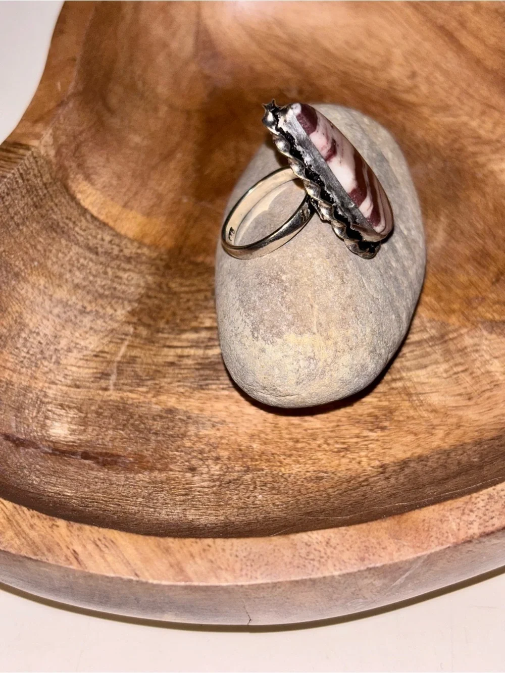 Marbled Brown & Cream Stone Statement Ring Silver Plated Boho Ring Size 6